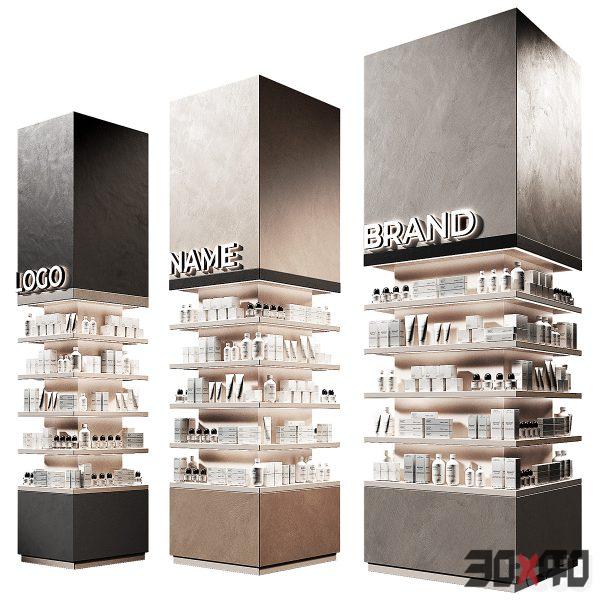 Columns of racks with trade products. Square showcase with cosmetics. Island of Pharmaceutical Products.-30x40 Mood