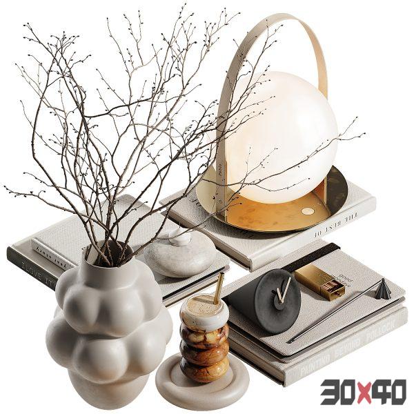 Decorative set with branch, books, coffee and lamp-30x40 Mood