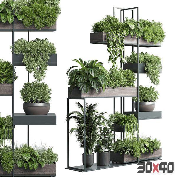 Standing metal shelf with a set of plants in wooden and metal boxes 267